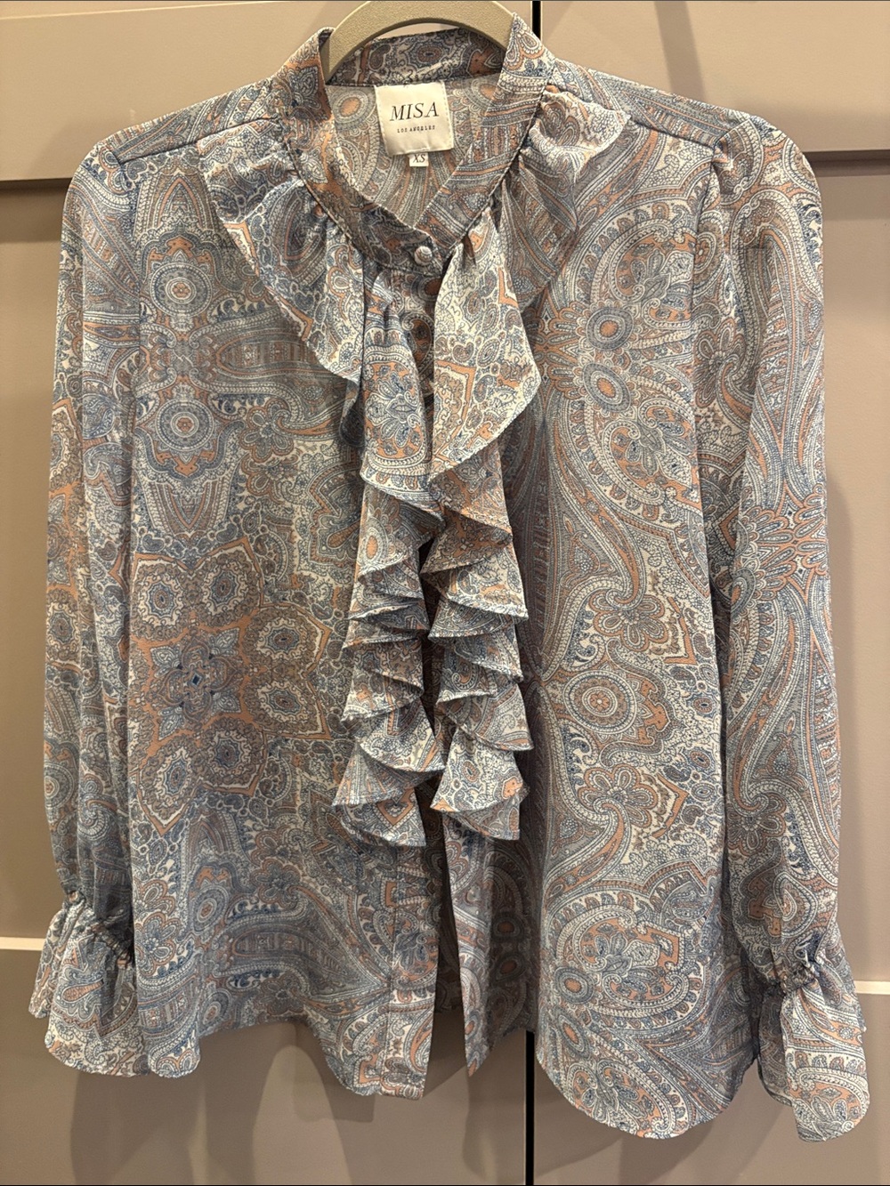 Misa Los Angeles Paisley Ruffle Front Blouse in Blue, mauve, and white